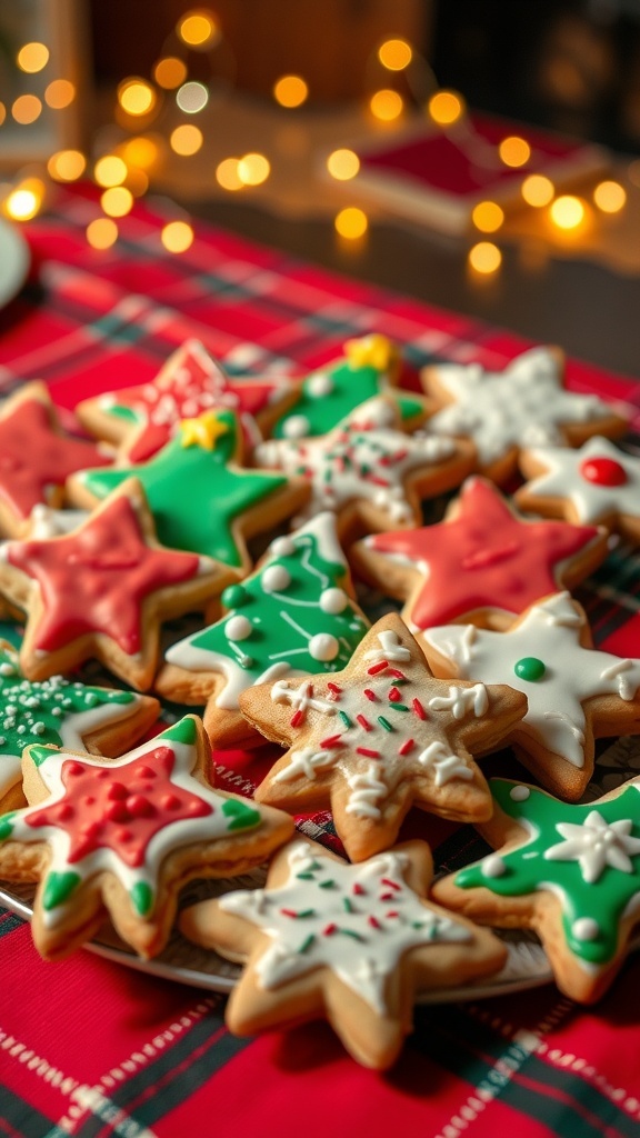 A colorful assortment of decorated Christmas cookies on a festive platter.
